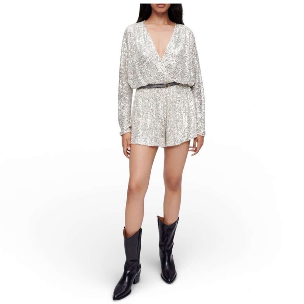Maje Silver Sequin Playsuit Romper Wrap V Neck Long Sleeve FR 38 US 6 NWT $415 - Picture 1 of 12
